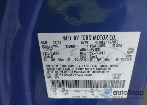 2006 Ford Escape Xls/Xls Manual z USA, uszkodzony, nr VIN 1FMYU02Z96KA73492